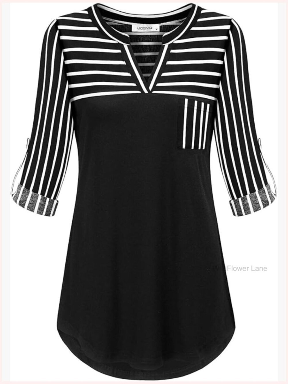 Womens Roll Up Long Sleeve V Neck Patchwork Blouse High Low Hem